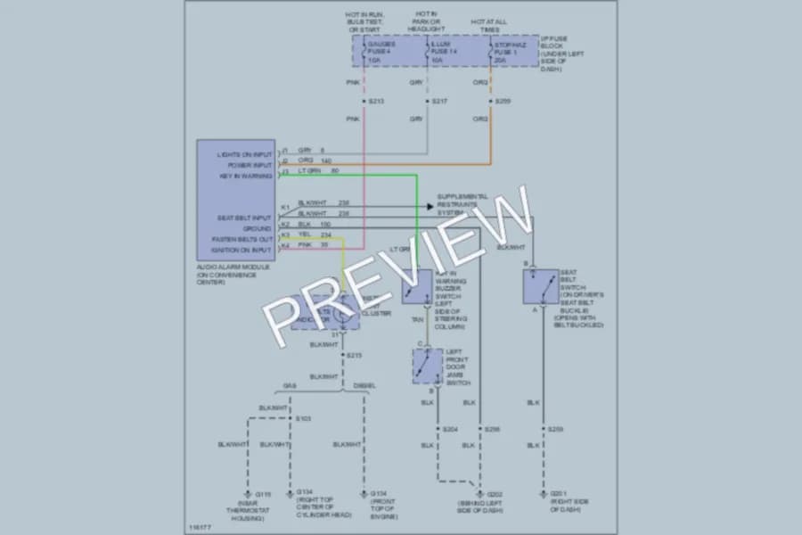 2000 Chevrolet C3500 Warning Systems wiring diagram preview with protected circuit layout