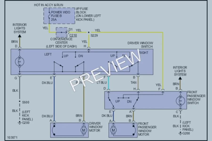 2000 Chevrolet G3500 Power Windows wiring diagram preview with protected circuit layout