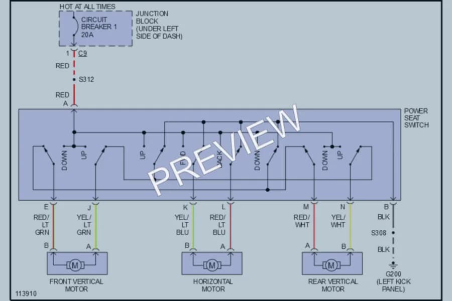 2000 Chrysler 2D Convertible Power Seats wiring diagram preview with protected circuit layout