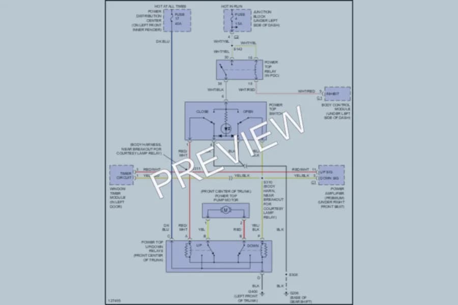 2000 Chrysler 2D Convertible Power Top Sunroof wiring diagram preview with protected circuit layout