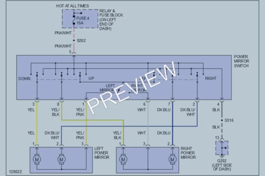 2000 Dodge B1500 Power Mirrors wiring diagram preview with protected circuit layout