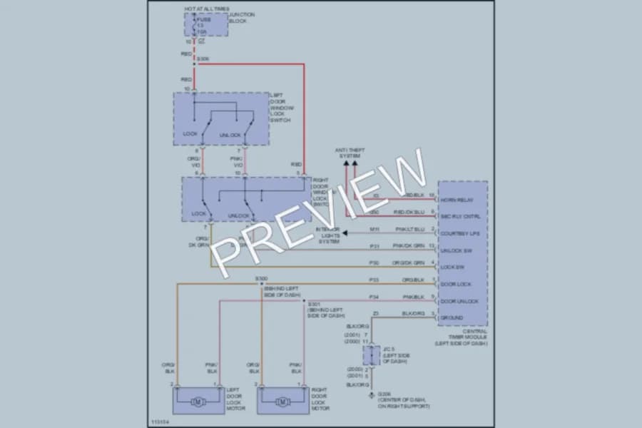 2000 Dodge R1500 Power Door Locks wiring diagram preview with protected circuit layout
