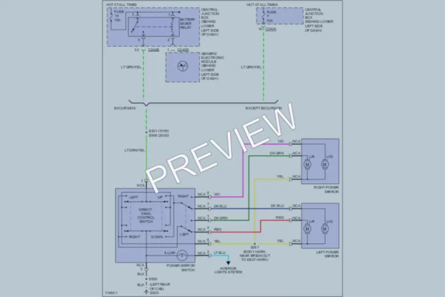 2000 Ford F250 Super Duty Power Mirrors wiring diagram preview with protected circuit layout