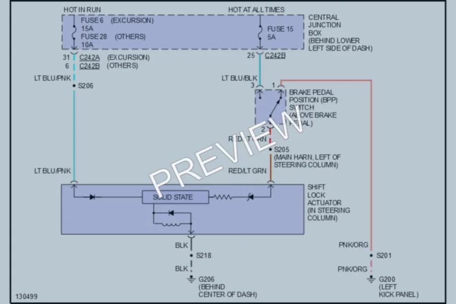2000 Ford F250 Super Duty Shift Interlock wiring diagram preview with protected circuit layout