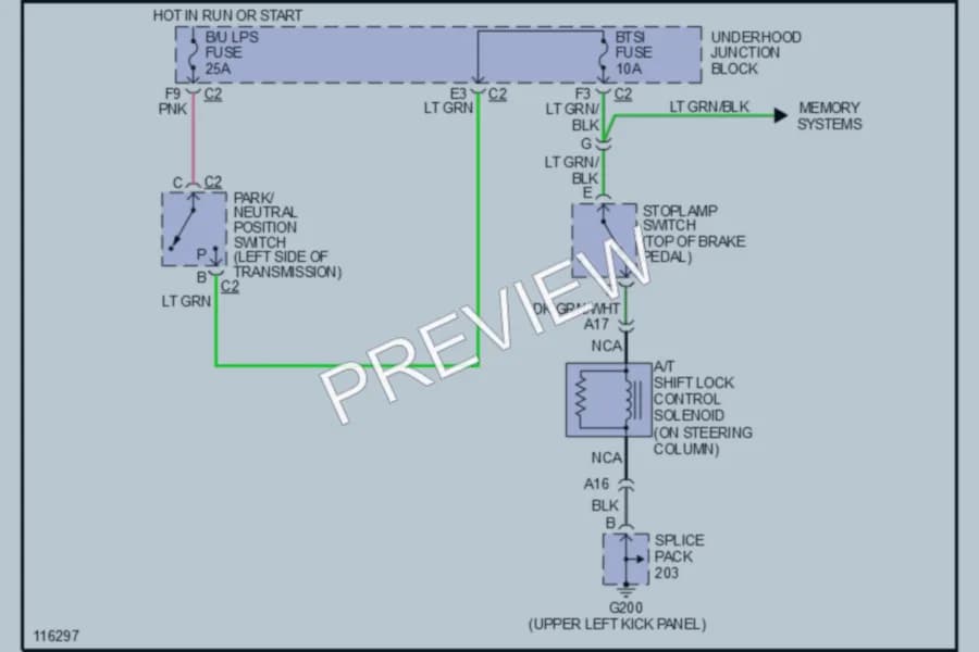 2000 GMC C2500 Shift Interlock wiring diagram preview with protected circuit layout