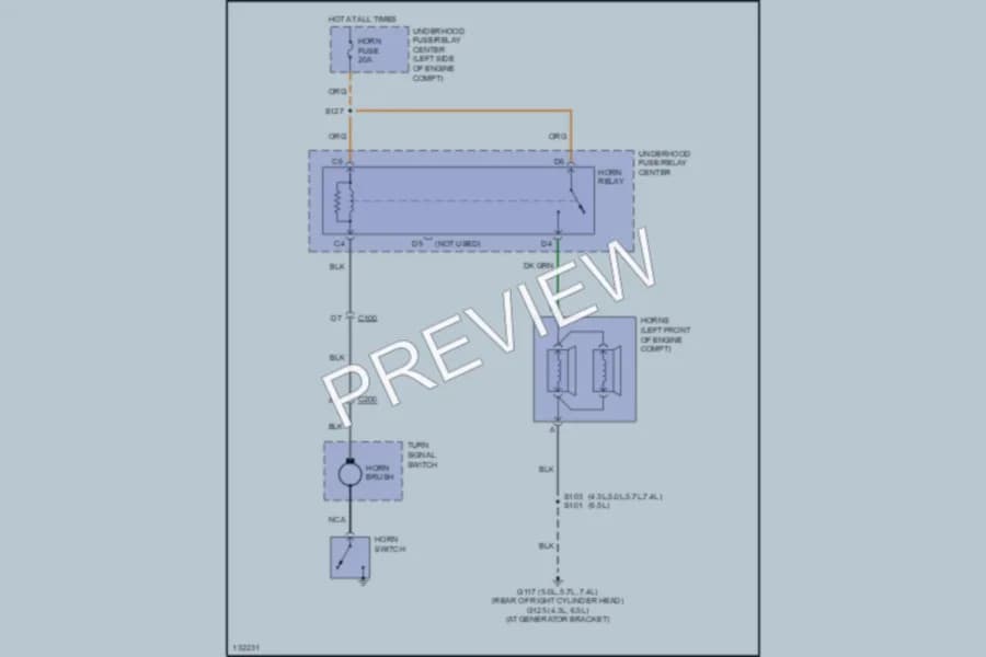 2001 Chevrolet G1500 Horn wiring diagram preview with protected circuit layout