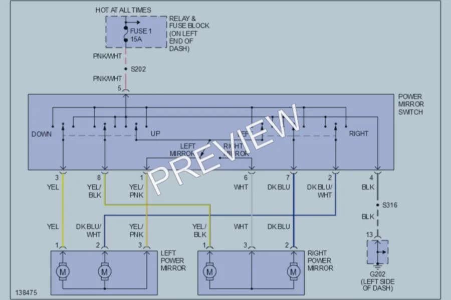 2001 Dodge B1500 Power Mirrors wiring diagram preview with protected circuit layout