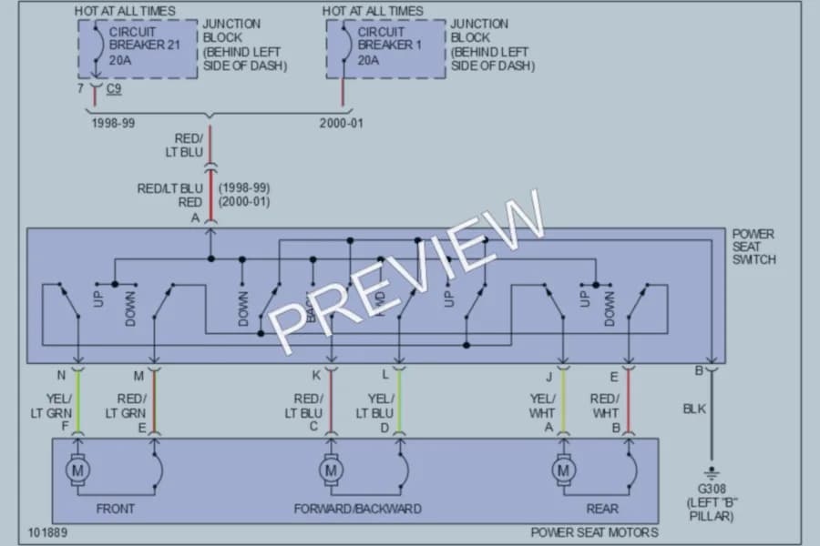 2001 Dodge B1500 Power Seats wiring diagram preview with protected circuit layout