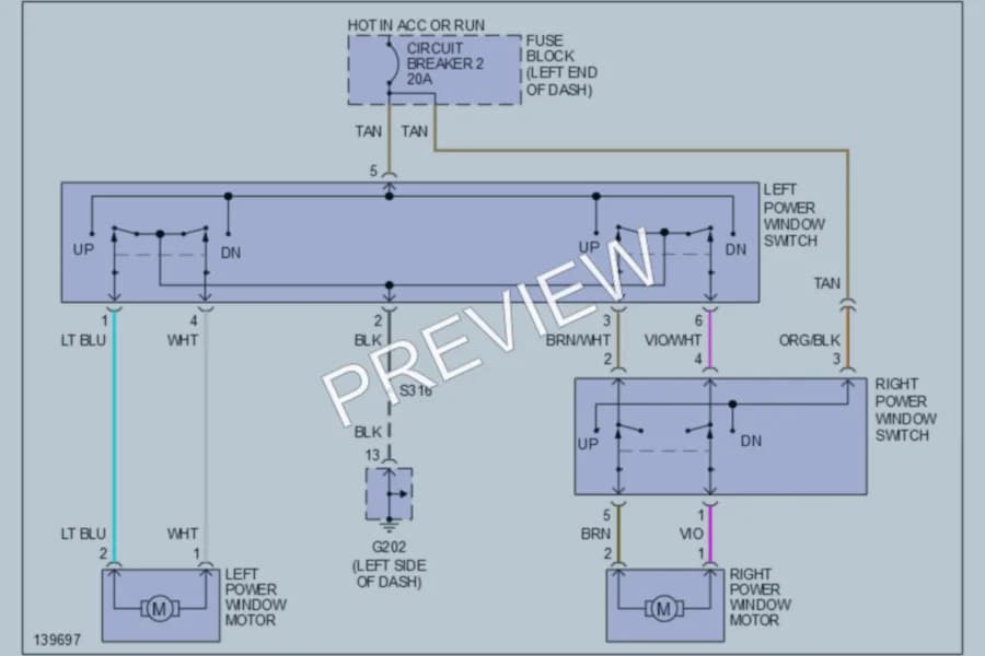 2001 Dodge B1500 Power Windows wiring diagram preview with protected circuit layout