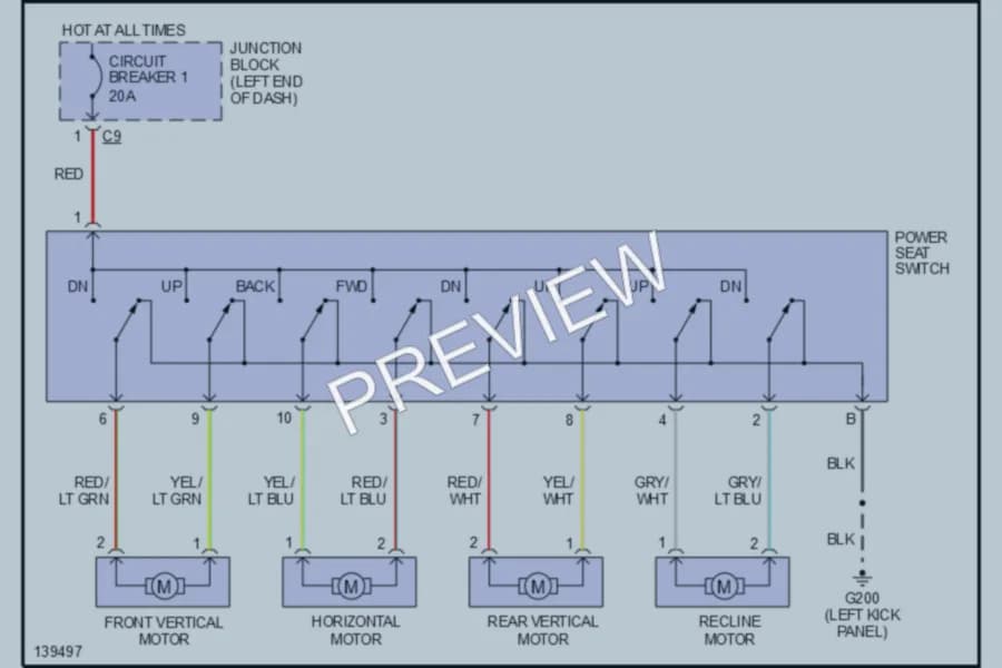 2001 Dodge 4D Sedan Power Seats wiring diagram preview with protected circuit layout