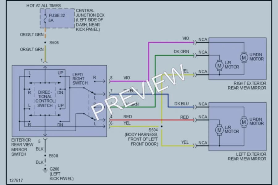 2001 Ford E250 Power Mirrors wiring diagram preview with protected circuit layout