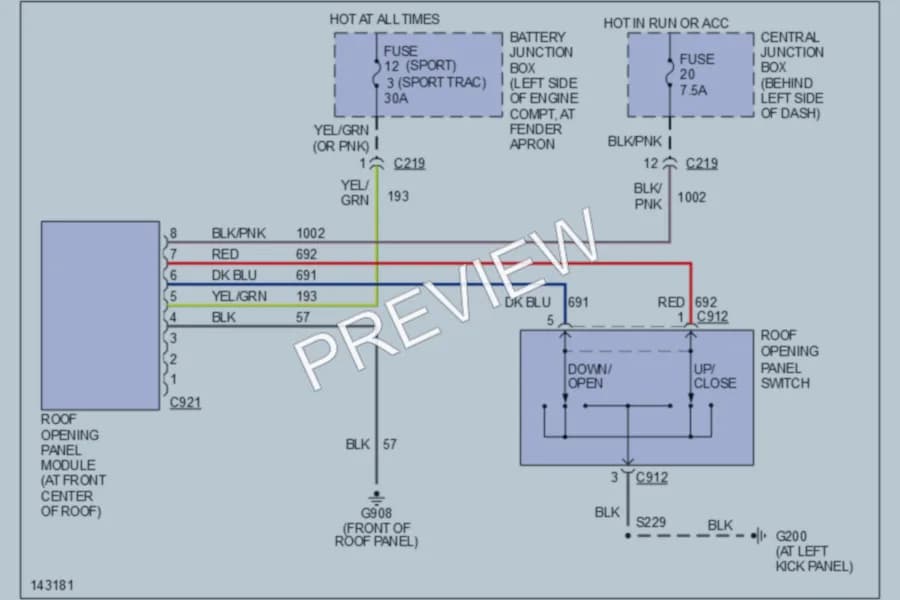 2001 Ford ExplorerSport Power Top Sunroof wiring diagram preview