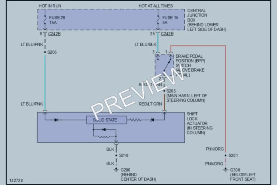 2001 Ford F250 Super Duty Shift Interlock wiring diagram preview with protected circuit layout