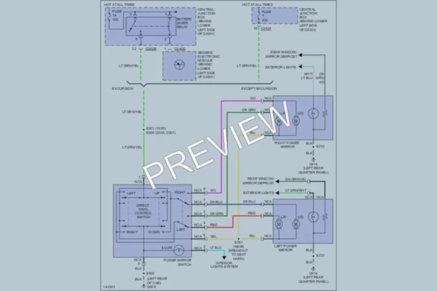 2001 Ford F350 Super Duty Power Mirrors wiring diagram preview with protected circuit layout