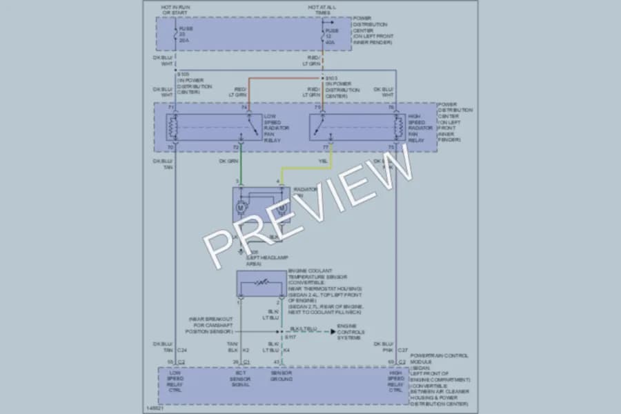 2002 Chrysler 2D Convertible Cooling Fan wiring diagram preview with protected circuit layout