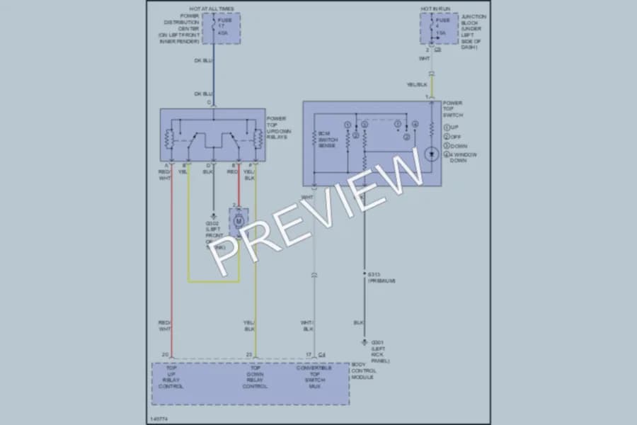 2002 Chrysler 2D Convertible Power Top Sunroof wiring diagram preview with protected circuit layout