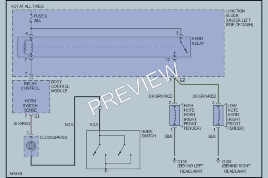 2002 Chrysler 4D Sedan Horn wiring diagram preview with protected circuit layout