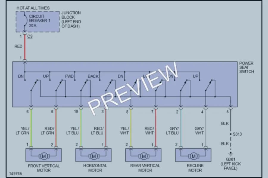 2002 Chrysler 4D Sedan Power Seats wiring diagram preview with protected circuit layout