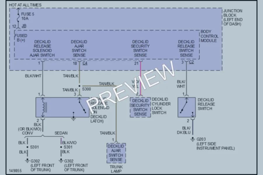2002 Chrysler 4D Sedan Trunk Tailgate Fuel Door wiring diagram preview with protected circuit layout