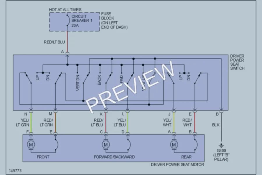 2002 Dodge B3500 Power Seats wiring diagram preview with protected circuit layout