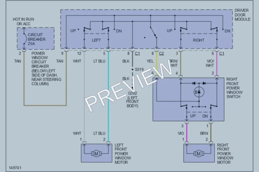 2002 Dodge R1500 Power Windows wiring diagram preview with protected circuit layout