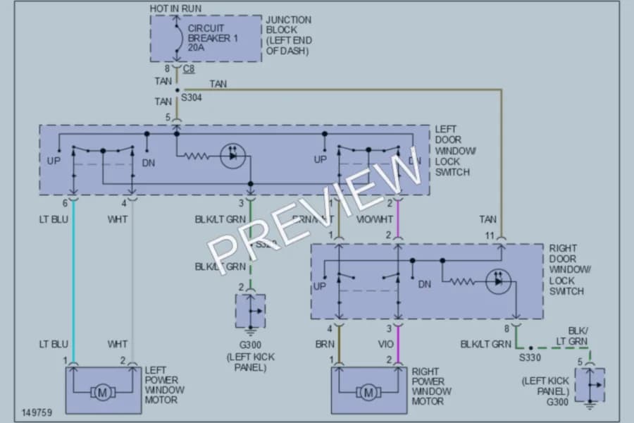2002 Dodge R3500 Power Windows wiring diagram preview with protected circuit layout