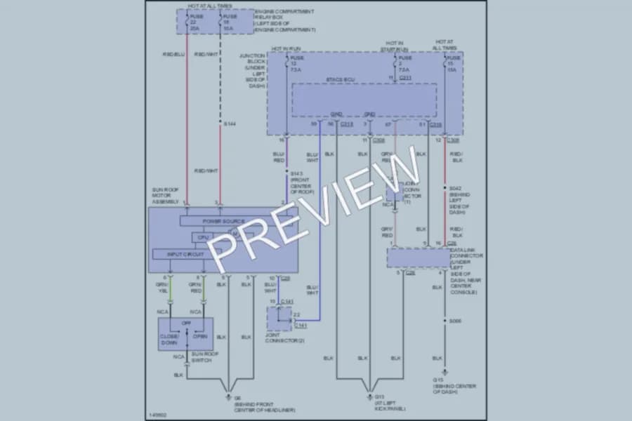 2002 Dodge 2D Coupe Power Top Sunroof wiring diagram preview with protected circuit layout