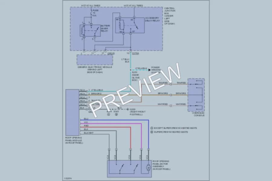 2002 Ford F150 Power Top Sunroof wiring diagram preview with protected circuit layout