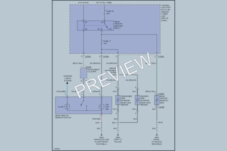 2002 Ford F250 Super Duty Defoggers wiring diagram preview with protected circuit layout