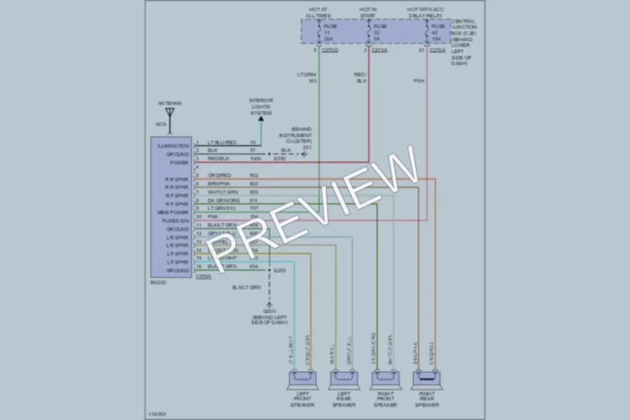 2002 Ford F350 Super Duty Radio wiring diagram preview with protected circuit layout