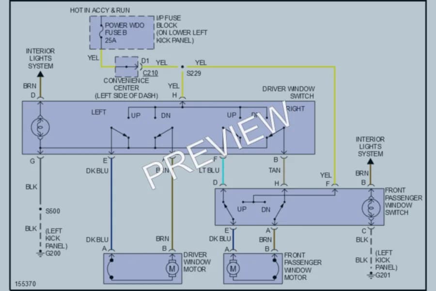 2002 GMC G3500 Power Windows wiring diagram preview with protected circuit layout
