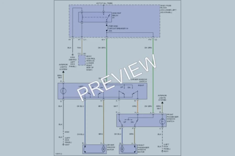 2003 Chevrolet H2500 Power Windows wiring diagram preview with protected circuit layout