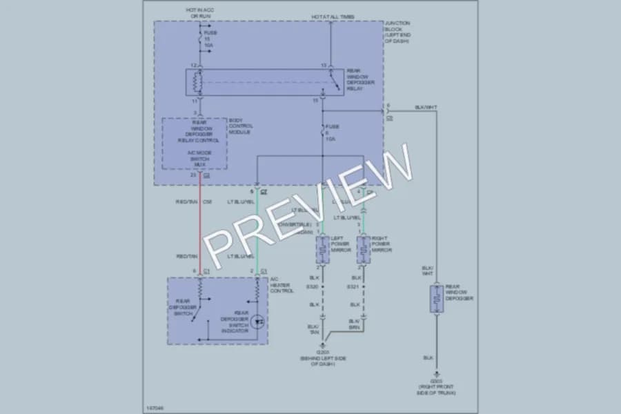 2003 Chrysler 2D Convertible Defoggers wiring diagram preview with protected circuit layout