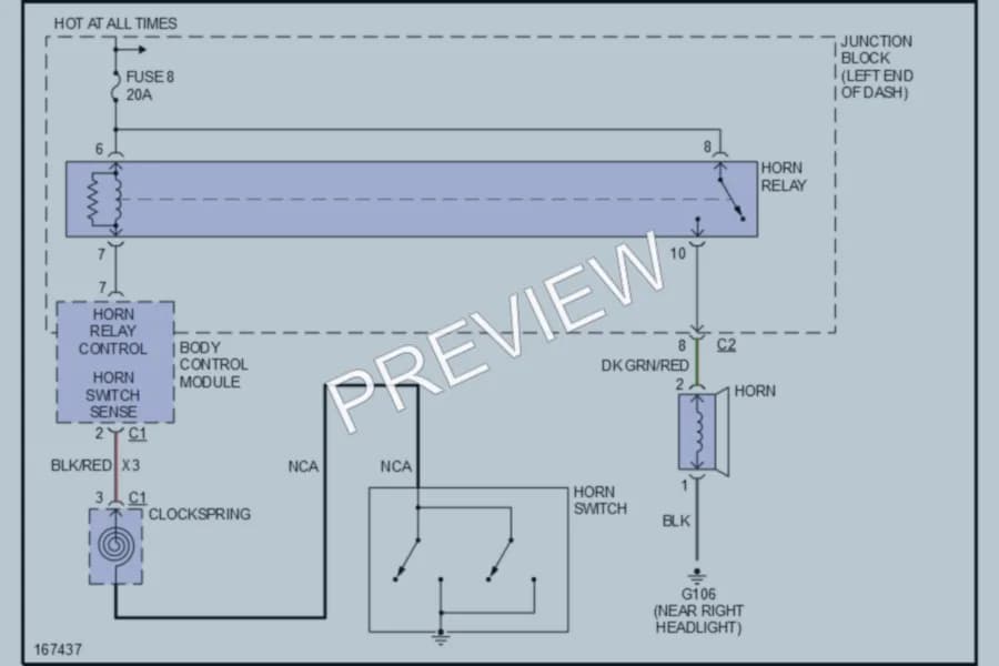 2003 Chrysler 4D Sedan Horn wiring diagram preview with protected circuit layout
