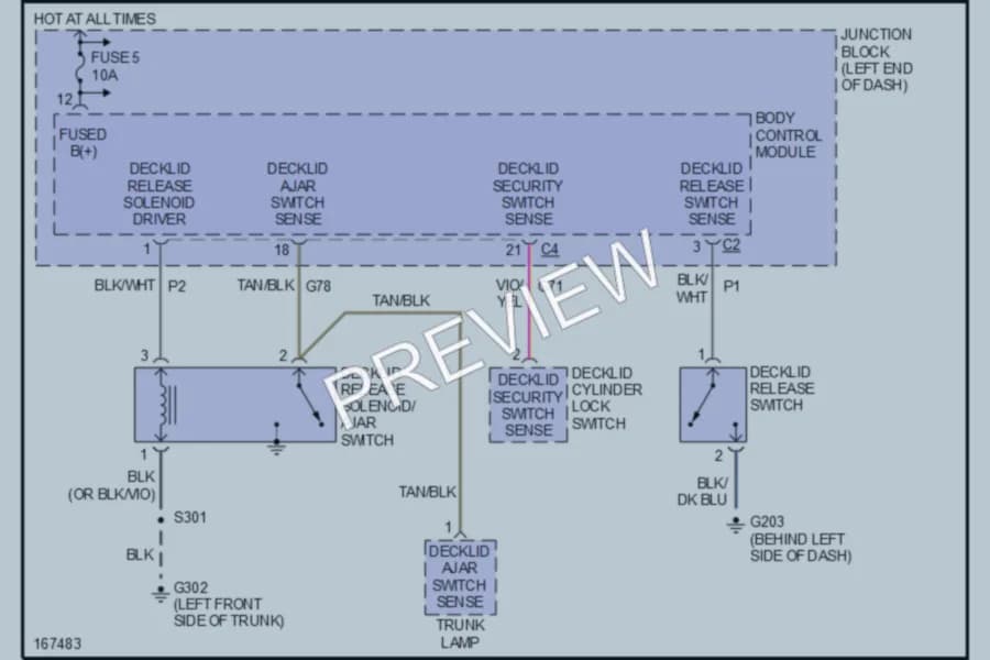 2003 Chrysler 4D Sedan Trunk Tailgate Fuel Door wiring diagram preview with protected circuit layout