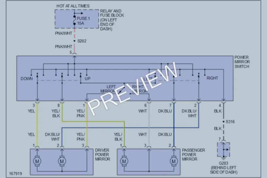 2003 Dodge B1500 Power Mirrors wiring diagram preview with protected circuit layout