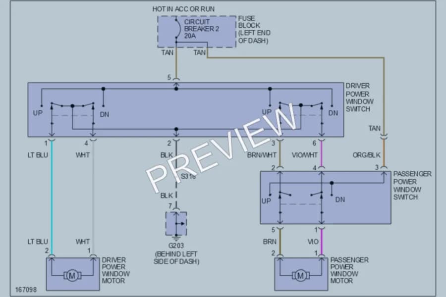2003 Dodge B2500 Power Windows wiring diagram preview with protected circuit layout