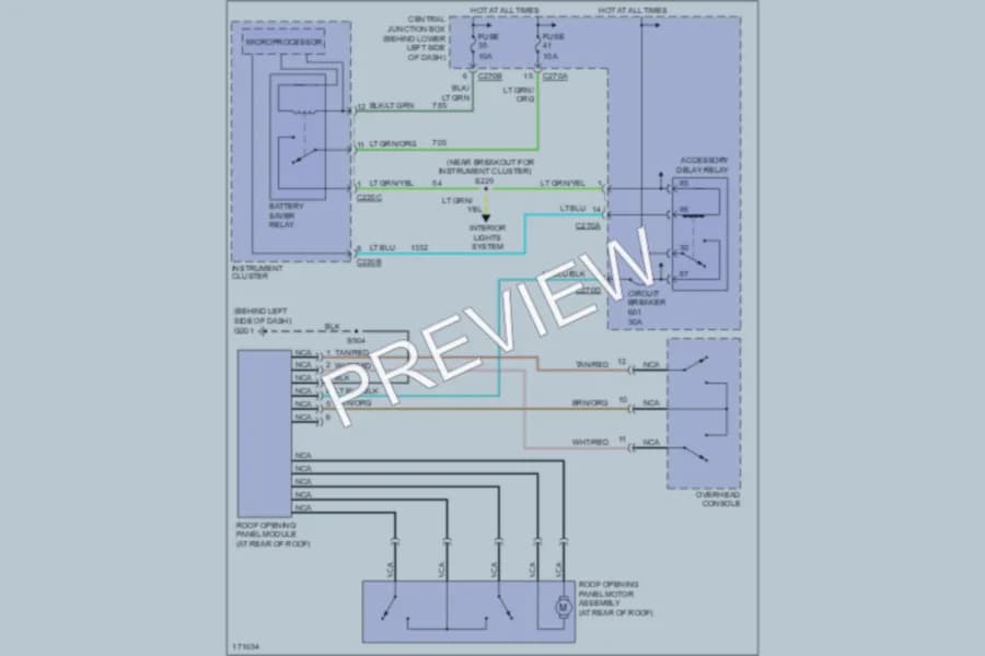 2003 Ford F250 Super Duty Power Top Sunroof wiring diagram preview with protected circuit layout