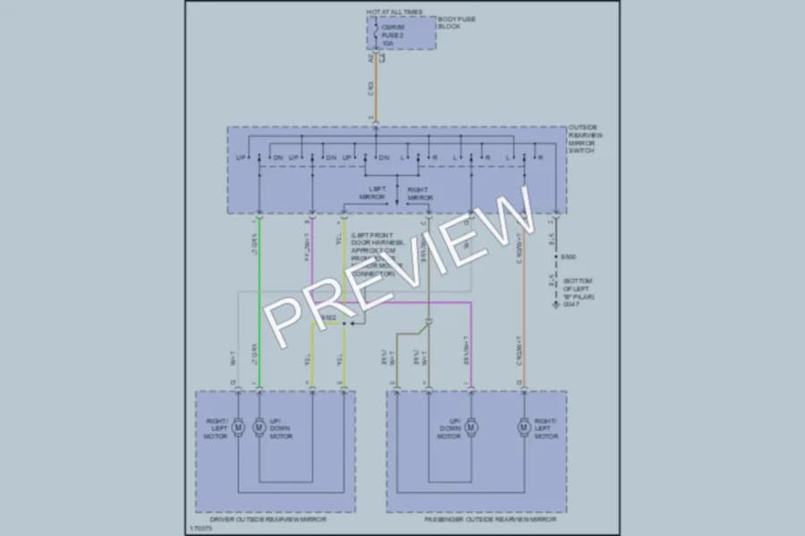 2003 GMC H2500 Power Mirrors wiring diagram preview with protected circuit layout