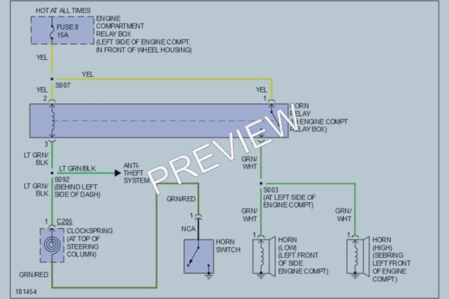 2004 Chrysler 2D Coupe Horn wiring diagram preview with protected circuit layout