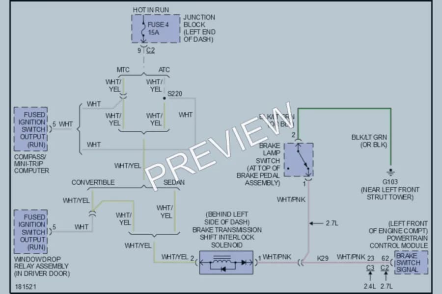 2004 Chrysler 4D Sedan Shift Interlock wiring diagram preview with protected circuit layout