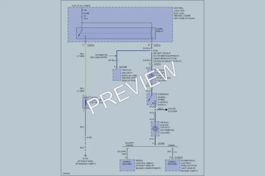 2004 Ford F350 Super Duty Horn wiring diagram preview with protected circuit layout