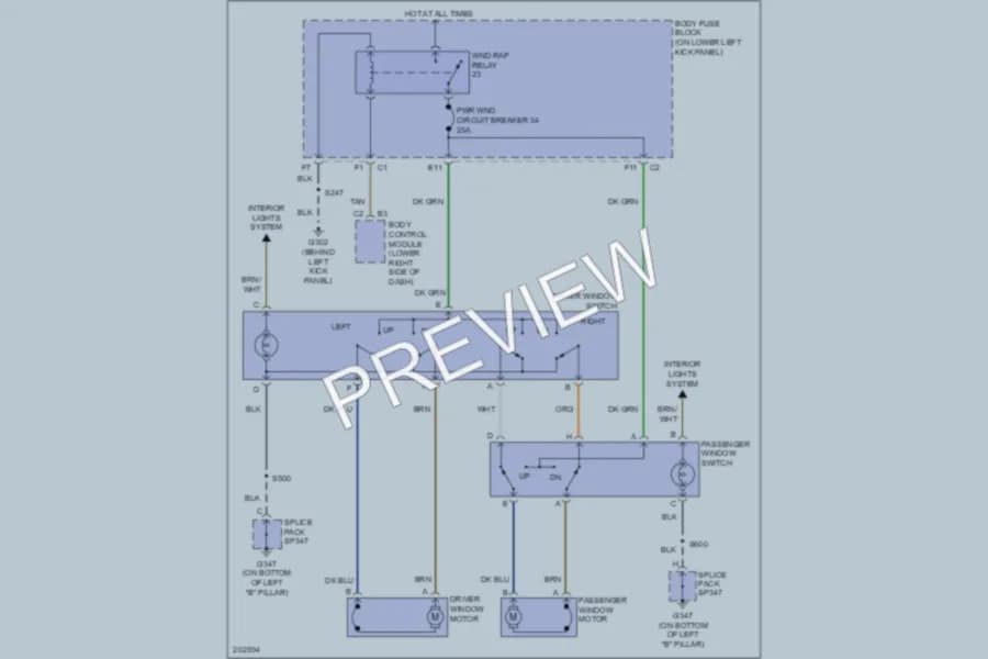 2005 Chevrolet G3500 Power Windows wiring diagram preview with protected circuit layout