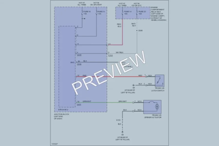2005 Chrysler 2D Coupe Trunk Tailgate Fuel Door wiring diagram preview with protected circuit layout