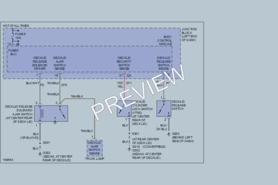 2005 Chrysler 4D Sedan Trunk Tailgate Fuel Door wiring diagram preview with protected circuit layout