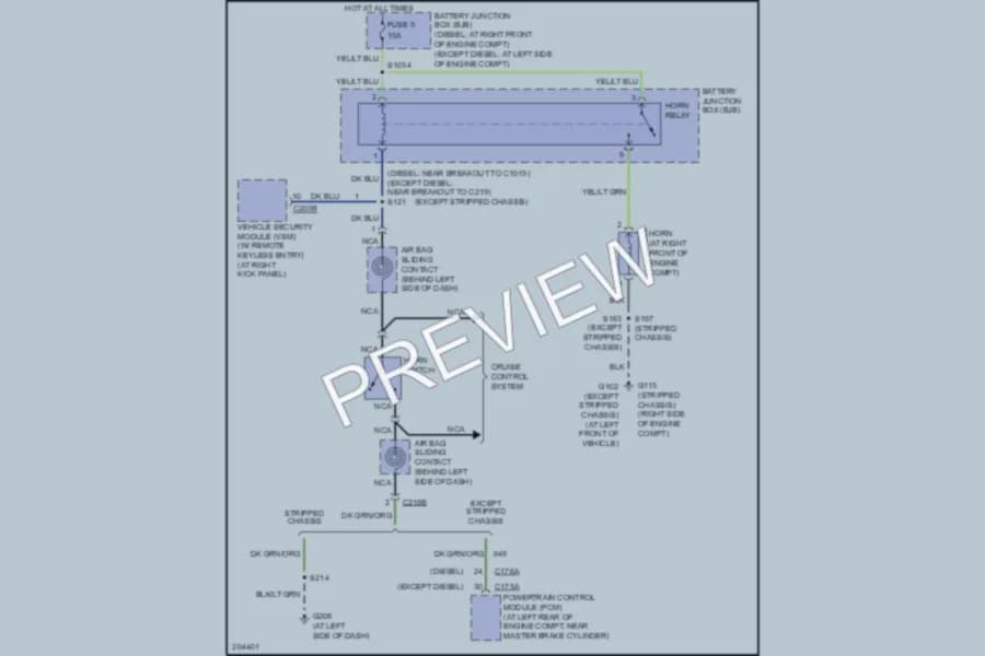 2005 Ford E250 Horn wiring diagram preview with protected circuit layout