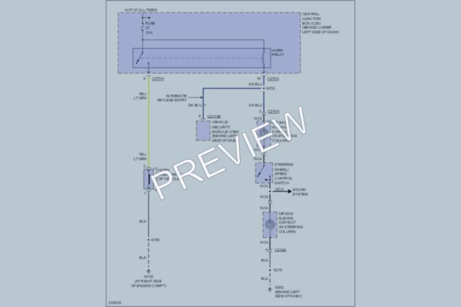 2005 Ford F250 Super Duty Horn wiring diagram preview with protected circuit layout