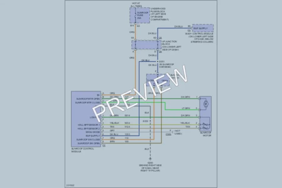 2005 GMC 2500 Hd Power Top Sunroof wiring diagram preview with protected circuit layout