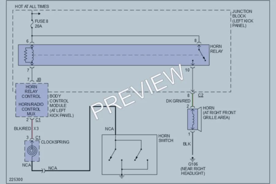 2006 Chrysler 2D Convertible Horn wiring diagram preview with protected circuit layout