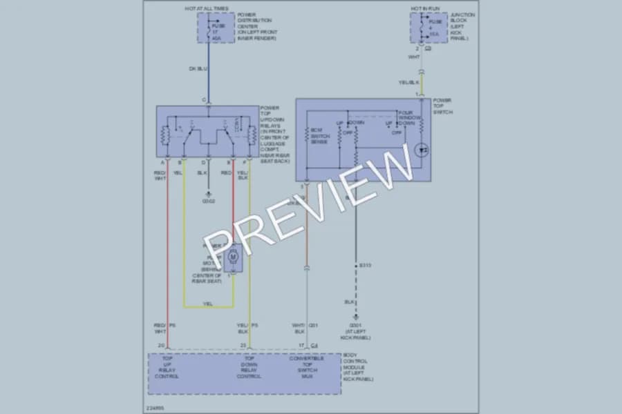 2006 Chrysler 2D Convertible Power Top Sunroof wiring diagram preview with protected circuit layout